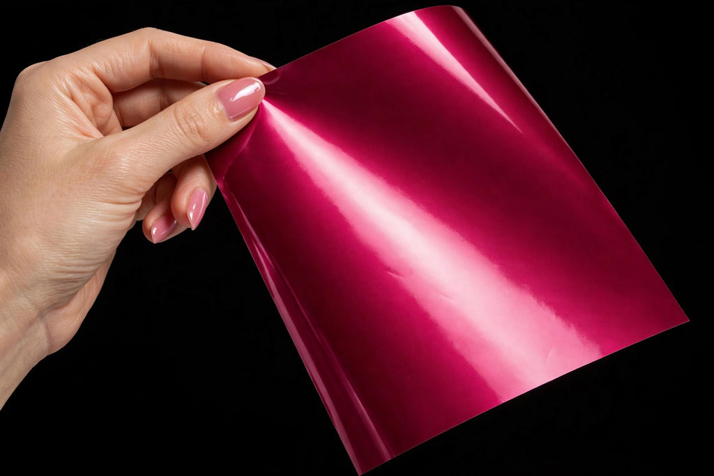 Super Gloss Rubrllite Red Metallic vinyl wrap film sheet held in hand