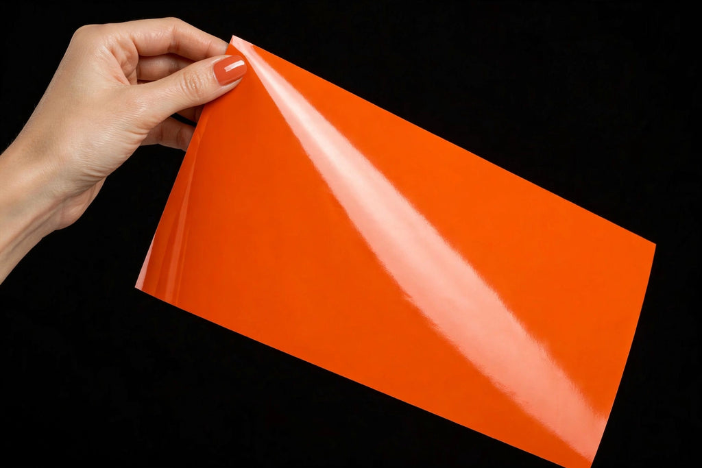 Super Gloss Racing Orange vinyl wrap film sheet held in hand