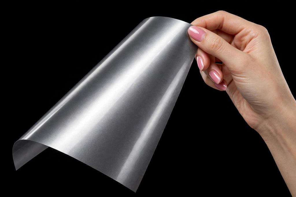 Super Gloss Titanium Steel Gray Metallic vinyl wrap film sheet held in hand