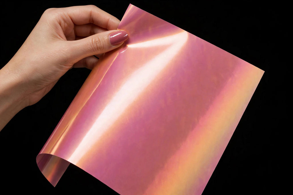 Super Gloss California Sunset vinyl wrap film sheet held in hand