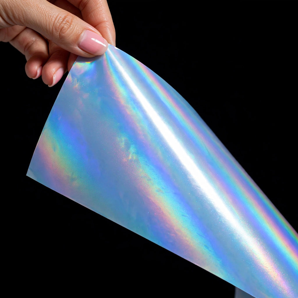 Super Gloss Iridescent Psychedelic Powder Blue vinyl wrap film sheet held in hand