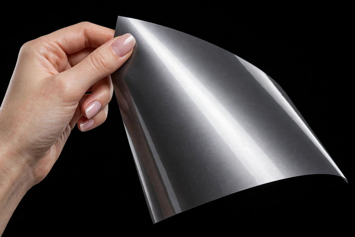 Super Gloss Midnight Gray Metallic vinyl wrap film sheet held in hand