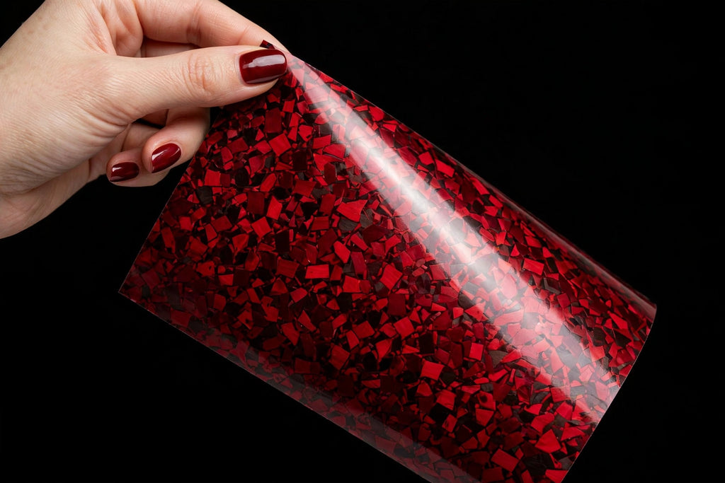 Red Forged Carbon Fiber vinyl wrap film sheet held in hand