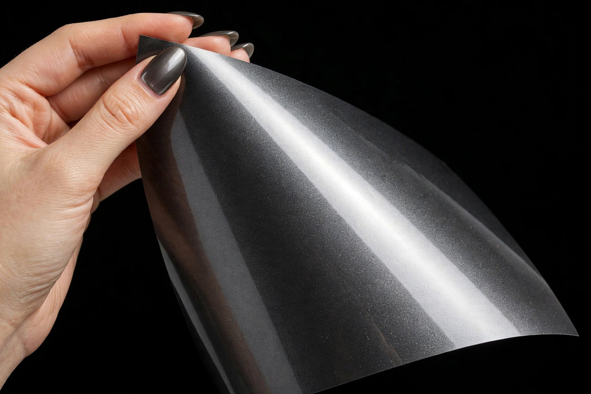 Super Gloss Metallic Graphite Gray vinyl wrap film sheet held in hand