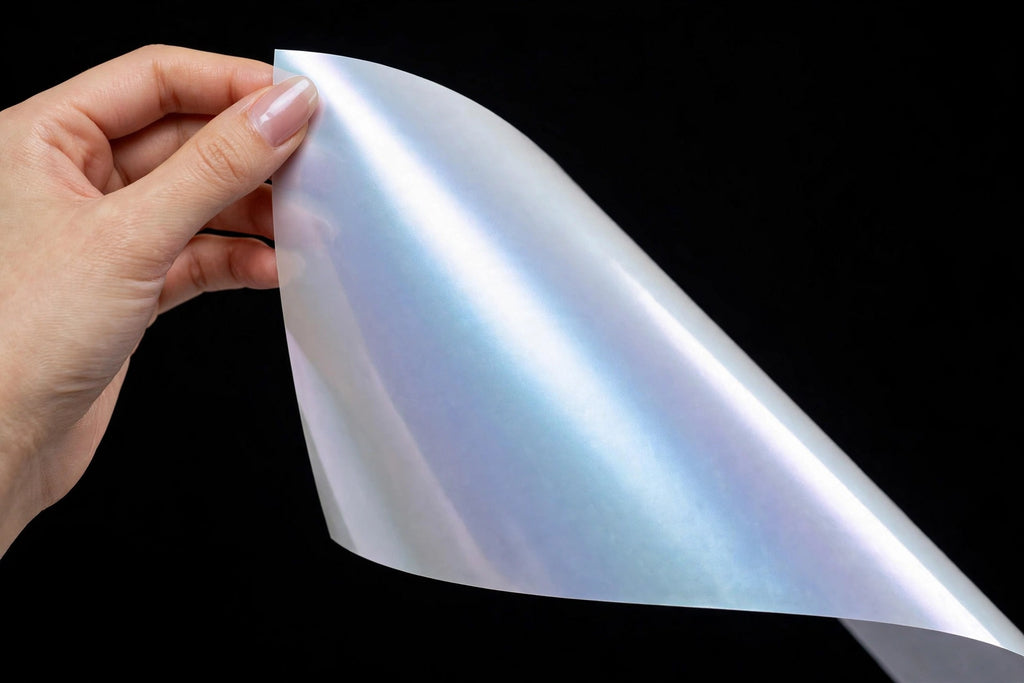 Super Gloss Pearl White Blue vinyl wrap film sheet held in hand