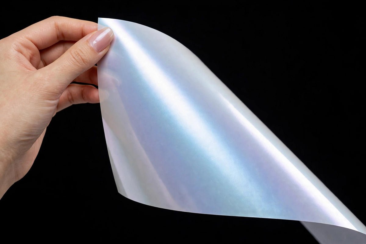 Super Gloss Pearl White Blue vinyl wrap film sheet held in hand