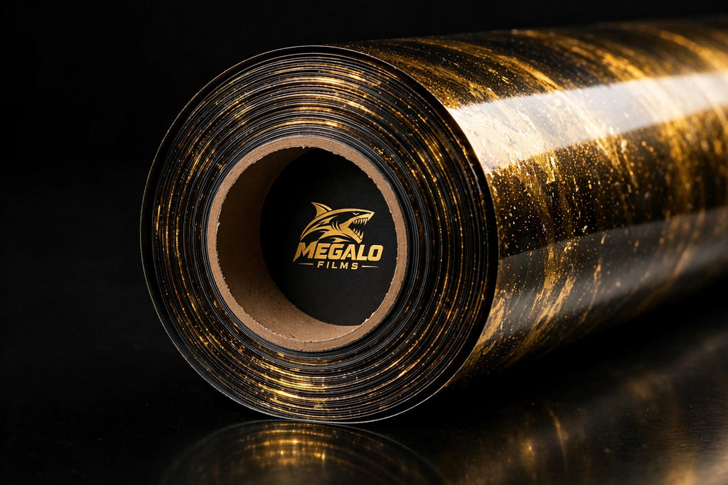 Super Gloss Black Gold Metallic vinyl wrap film full roll by MEGALO FILMS