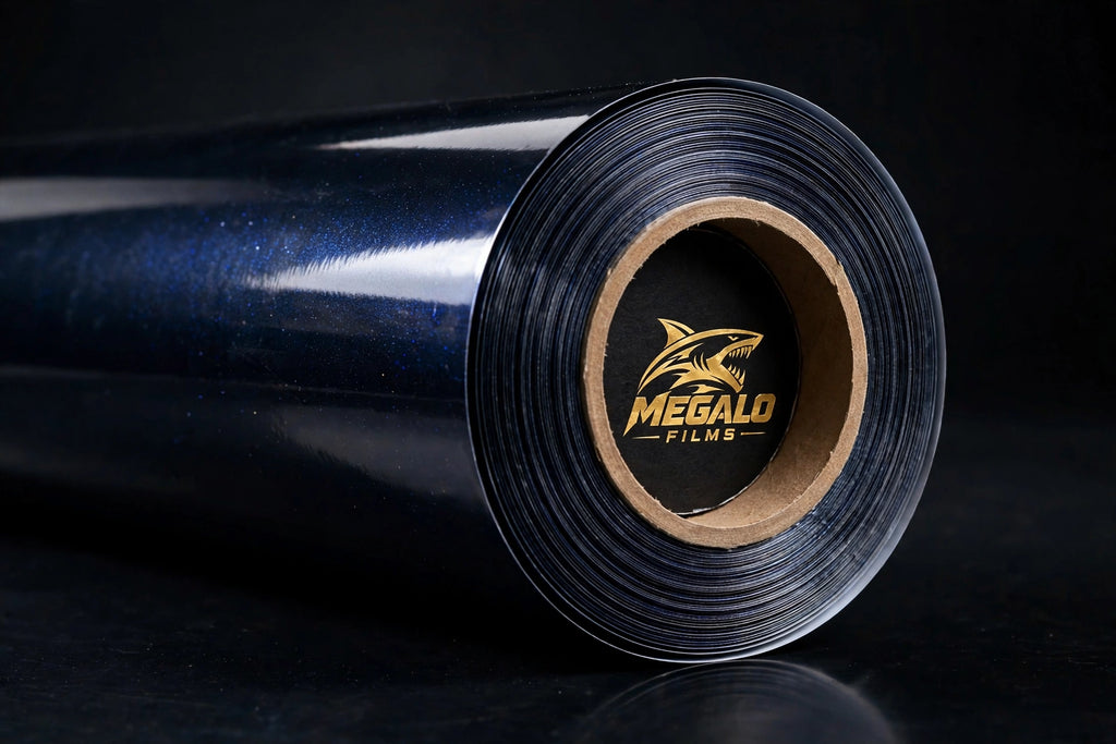 Super Gloss Pearl Black Blue vinyl wrap film full roll by MEGALO FILMS