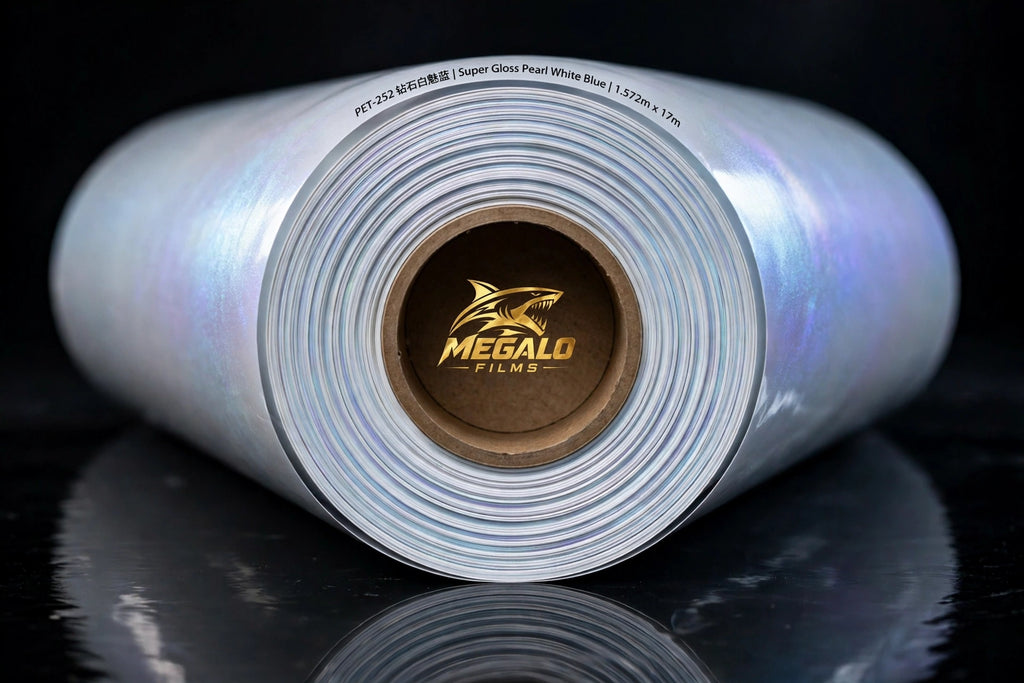 Super Gloss Pearl White Blue vinyl wrap film full roll by MEGALO FILMS