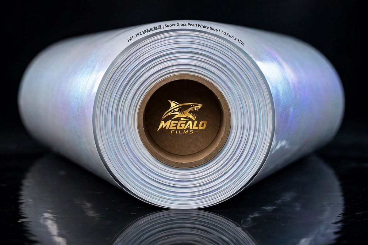 Super Gloss Pearl White Blue vinyl wrap film full roll by MEGALO FILMS