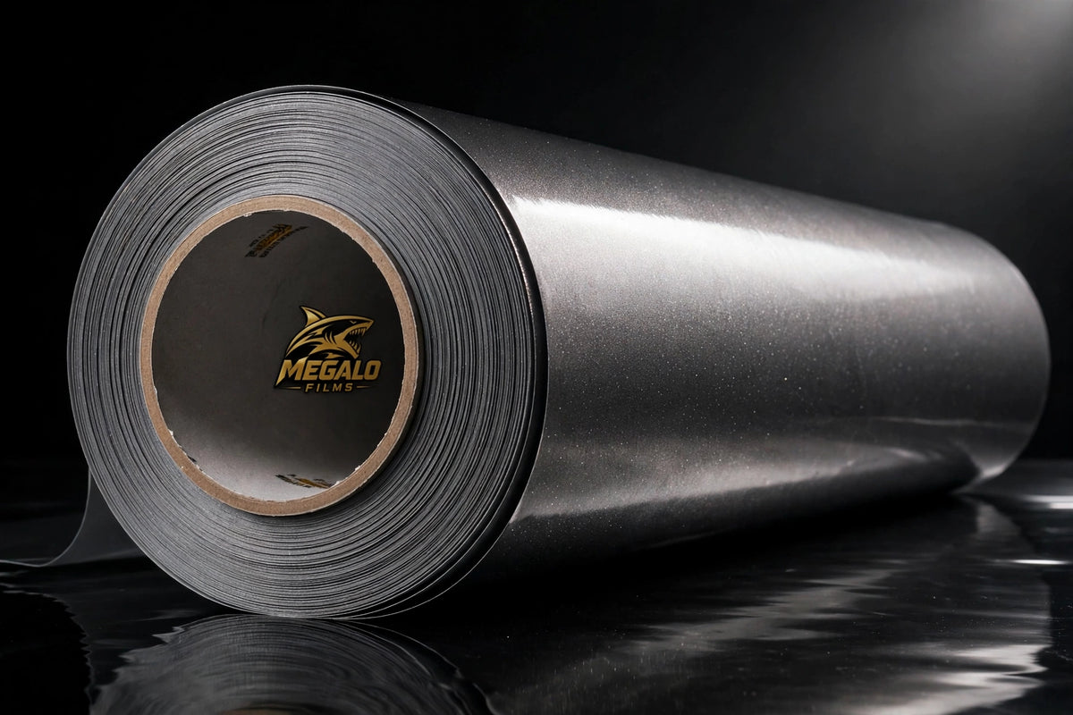 Super Gloss Metallic Graphite Gray vinyl wrap film full roll by MEGALO FILMS